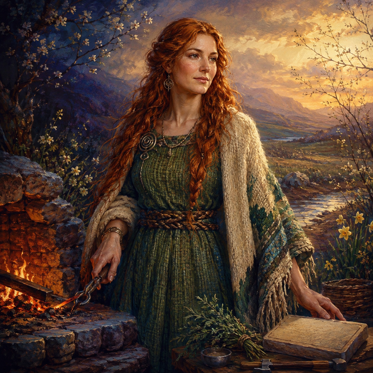Original symbolic portrait of the goddess Brigid beside a forge, with herbs and writing materials