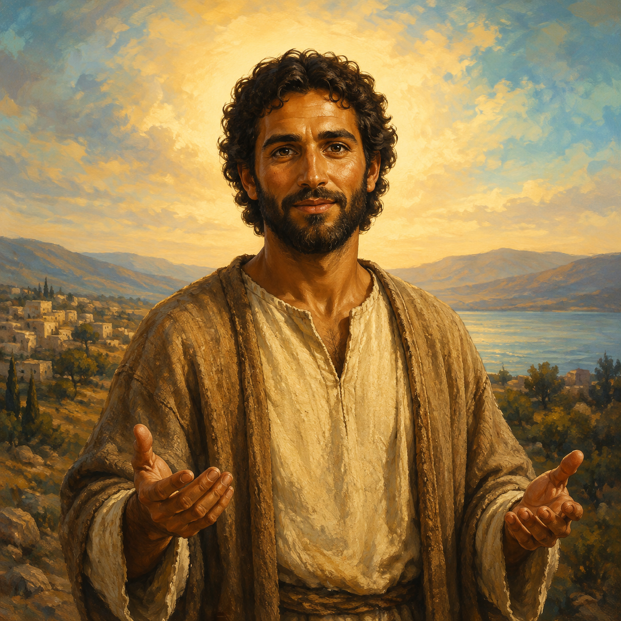Original interpretation of Jesus as a dark-haired Jewish Galilean man in simple robes, with open hands