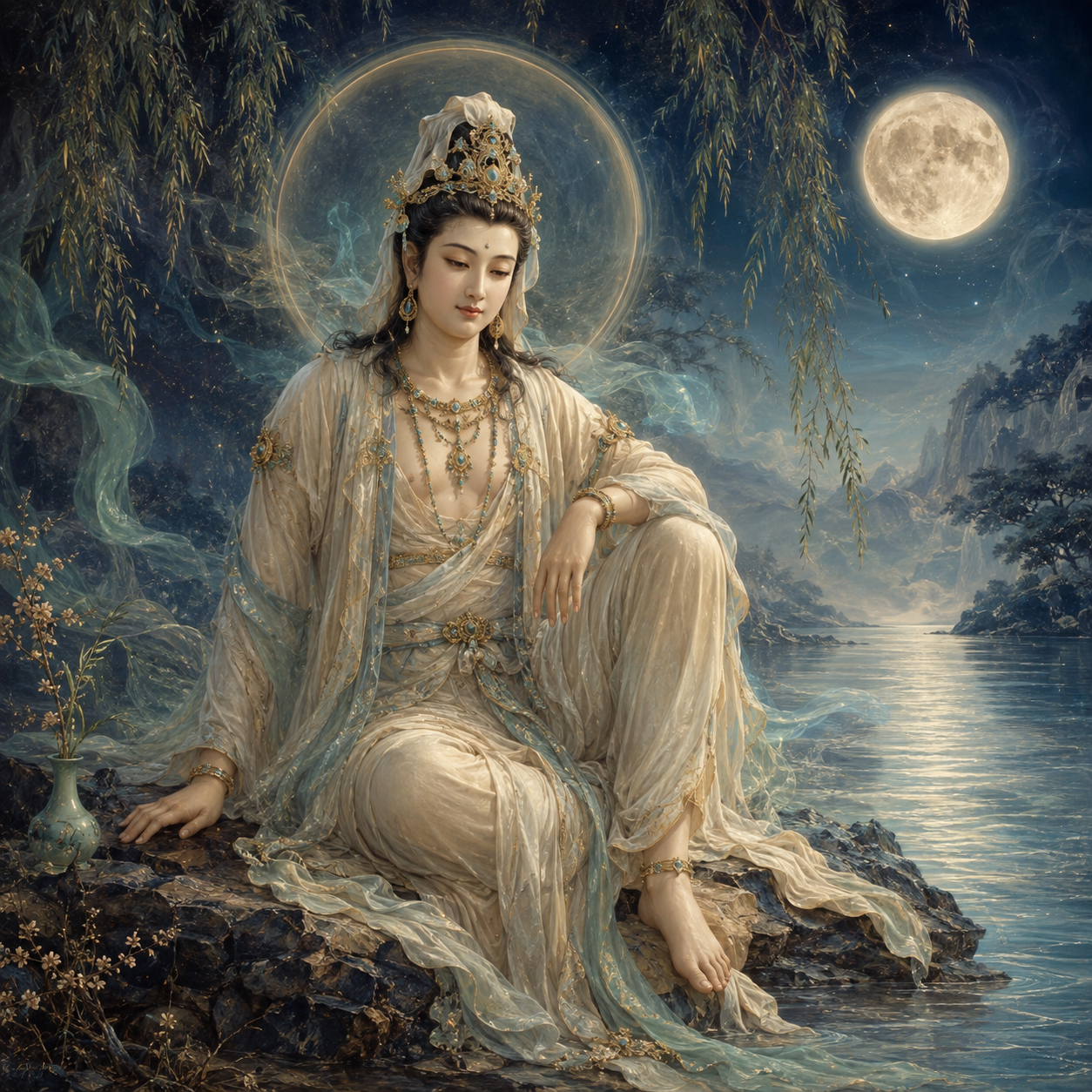 Original Water-Moon Guanyin illustration, a serene bodhisattva seated by still water beneath moonlight