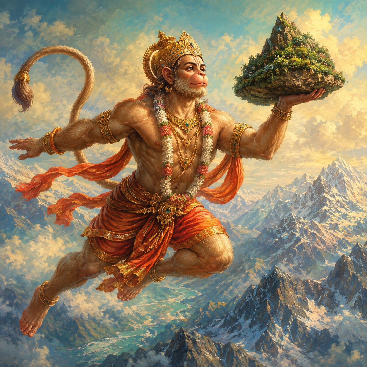 Original devotional illustration of Hanuman flying above the Himalayas while carrying a mountain of healing herbs
