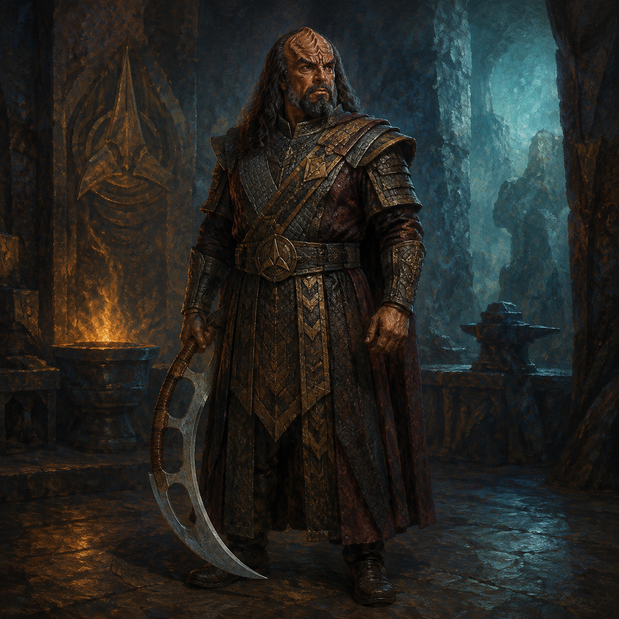 Original imagined portrait of Kahless, a ridged-forehead Klingon warrior holding a curved bat’leth at rest