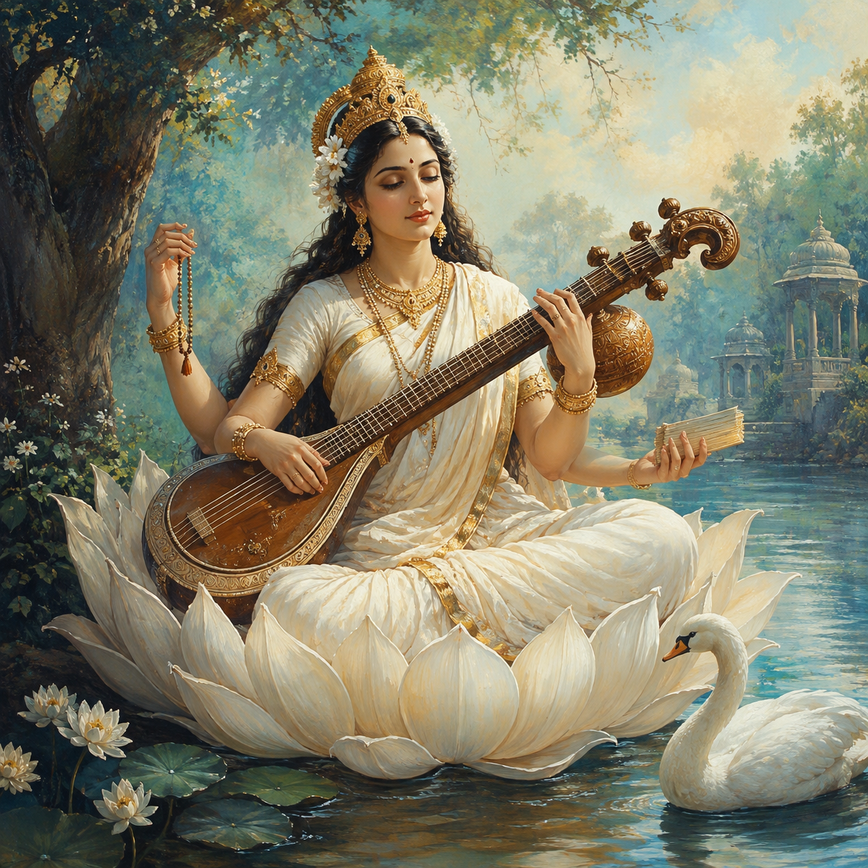 Original devotional illustration of four-armed Saraswati with a veena, manuscript, prayer beads, and a swan