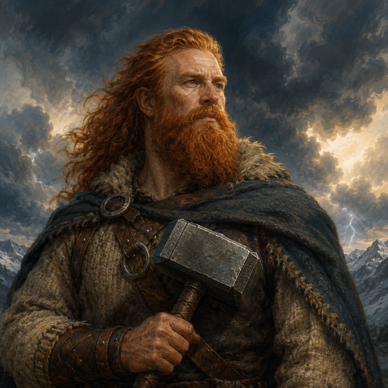 Original Norse-inspired portrait of a red-bearded Thor holding a short-handled hammer beneath storm clouds