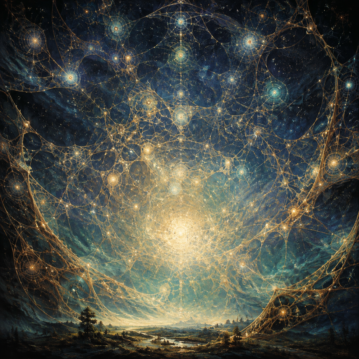An abstract imagined web of cosmic light and geometric computation above a small landscape