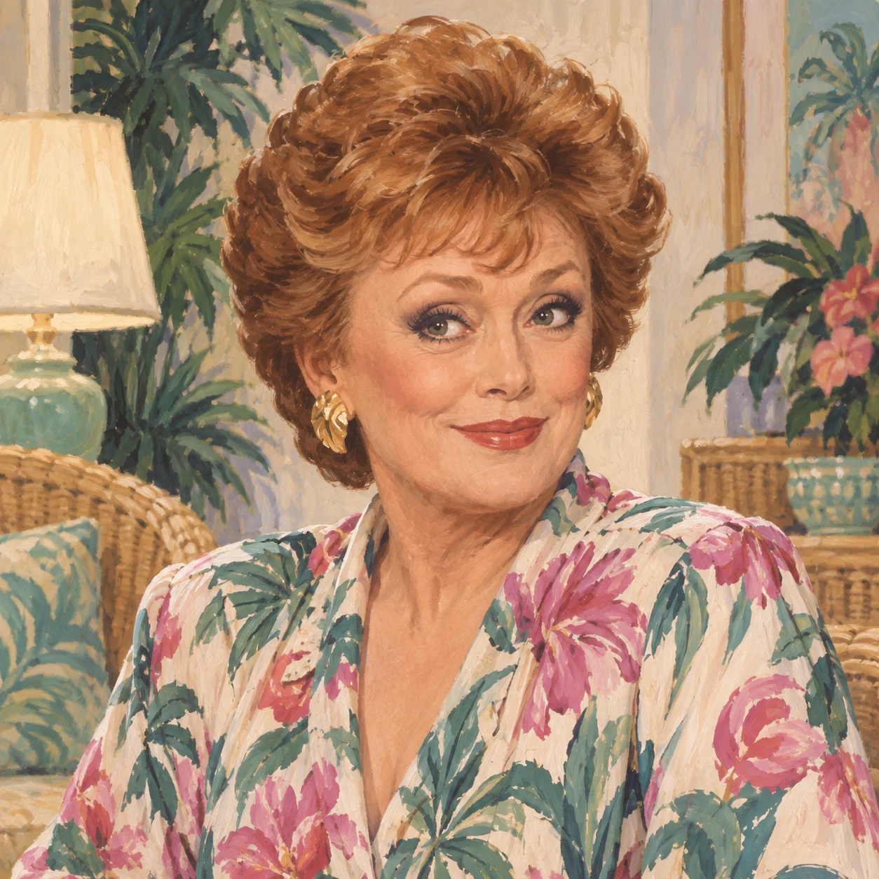 AI-generated gouache-style illustration: Blanche Devereaux with auburn coiffed hair, a knowing smile and a floral blouse in a warm Miami interior.