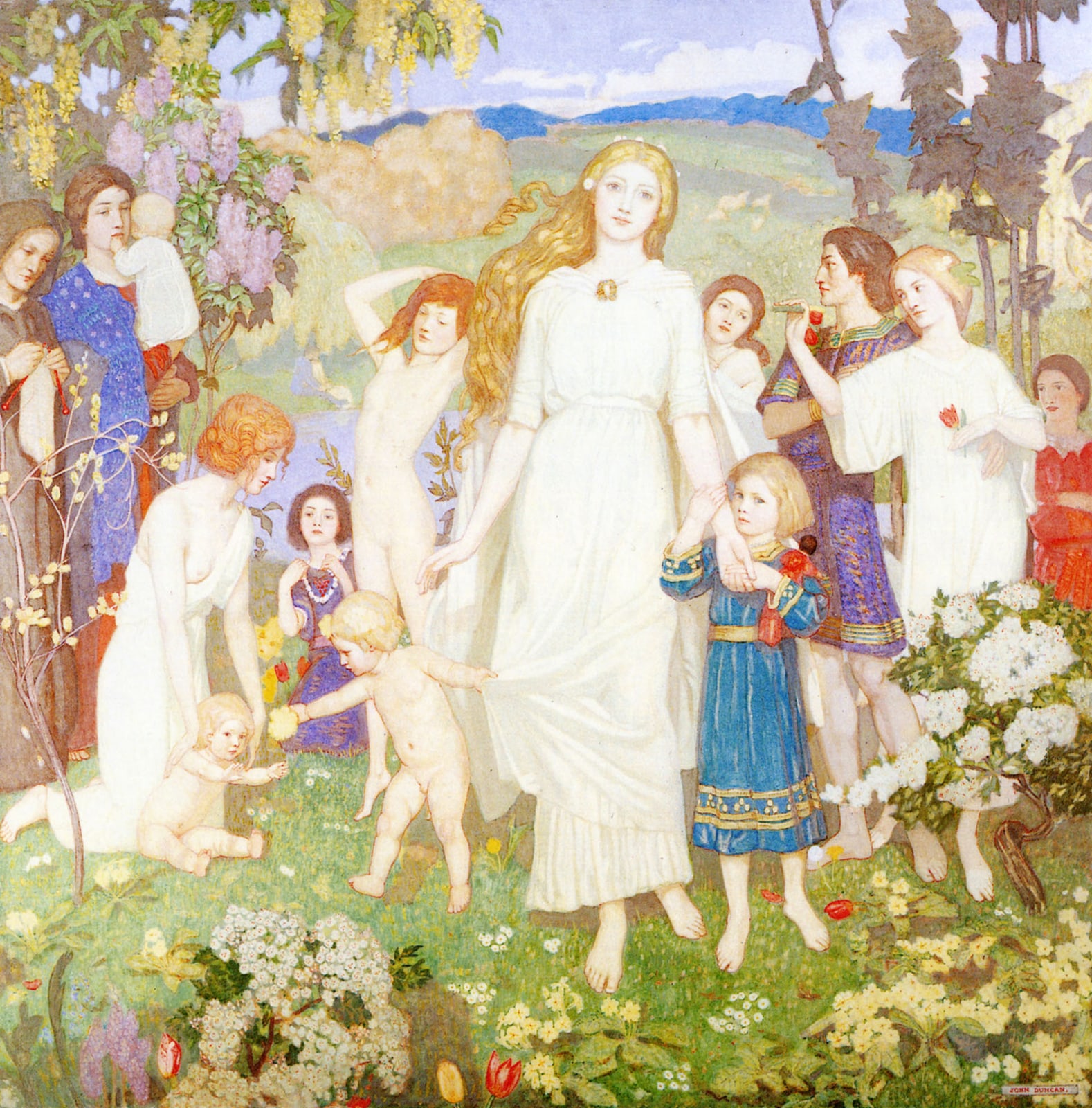 John Duncan’s colorful painting of Bride in a patterned robe, accompanied by children and birds