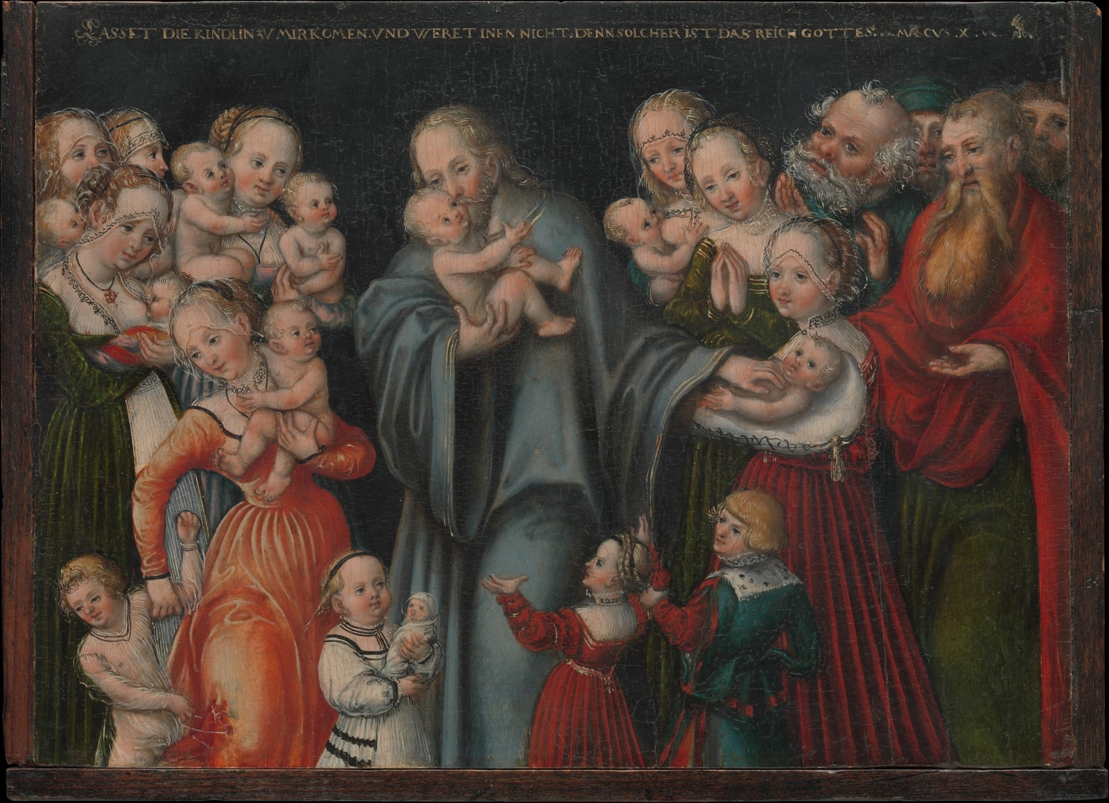 Renaissance painting of Christ surrounded by adults bringing children to him