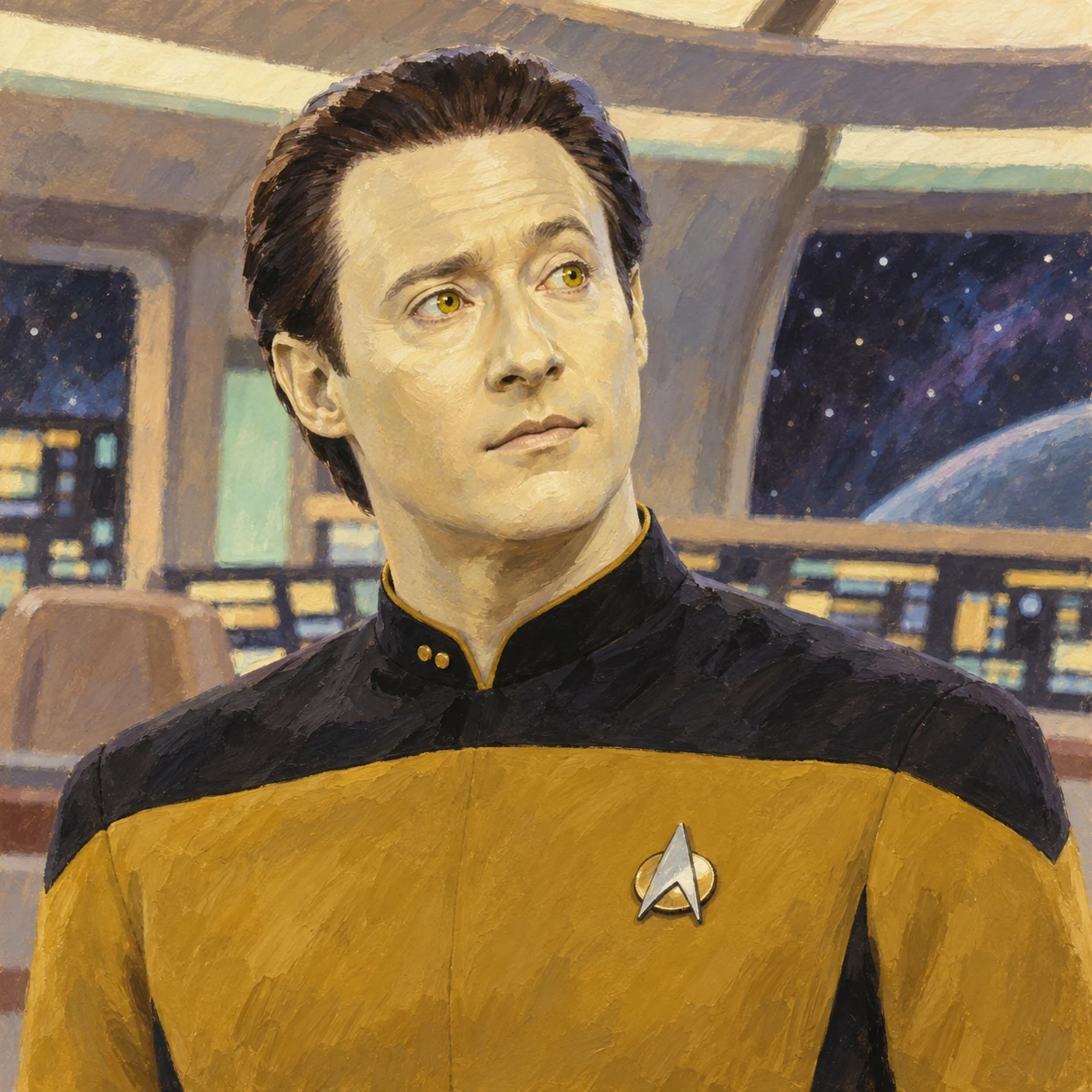 Gouache-style illustration of Data with pale gold android skin, yellow eyes and a gold and black uniform, looking curiously across a starship bridge