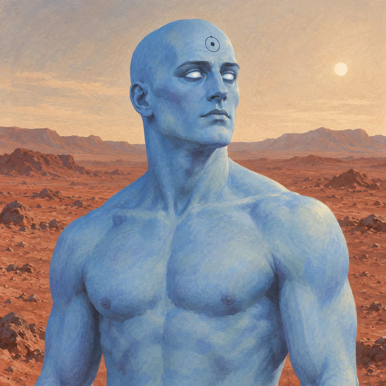 A shirtless bald blue man with luminous white eyes and a hydrogen-atom symbol on his forehead looks across the rust-colored terrain of Mars