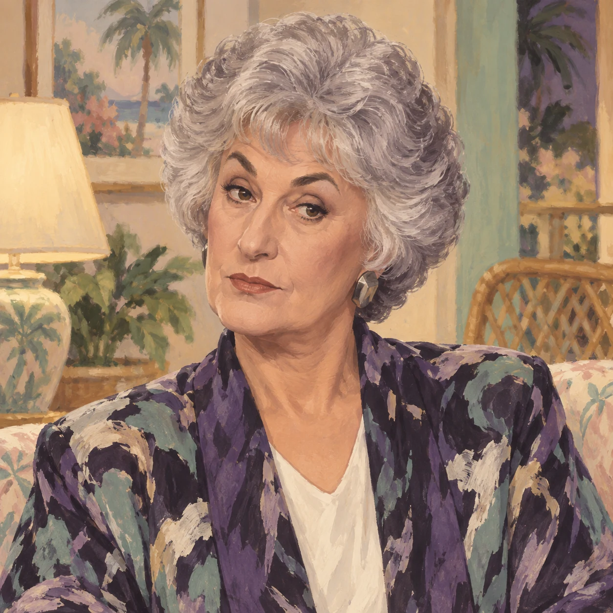 AI-generated gouache-style illustration: Dorothy Zbornak with gray hair, a dry amused expression and a patterned jacket in a softly lit Miami interior.