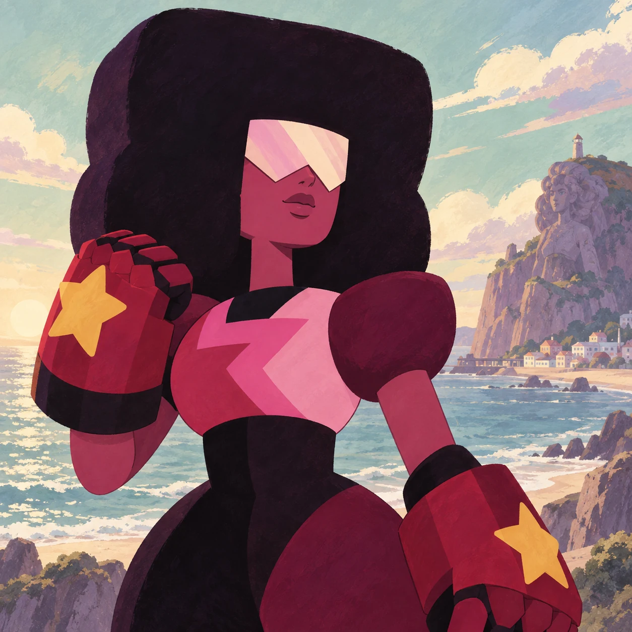Illustration of Garnet with square black hair, an angular visor and red star-marked gauntlets