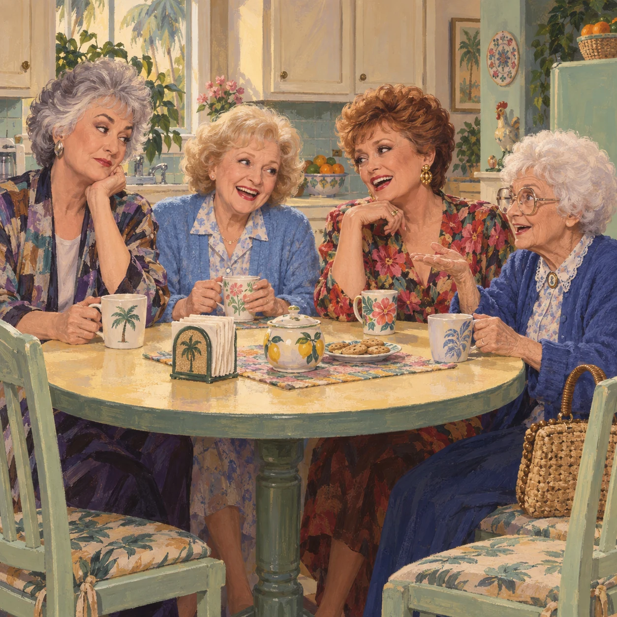 AI-generated gouache-style illustration: Dorothy, Rose, Blanche and Sophia, from left to right, sharing a lively conversation around a kitchen table.