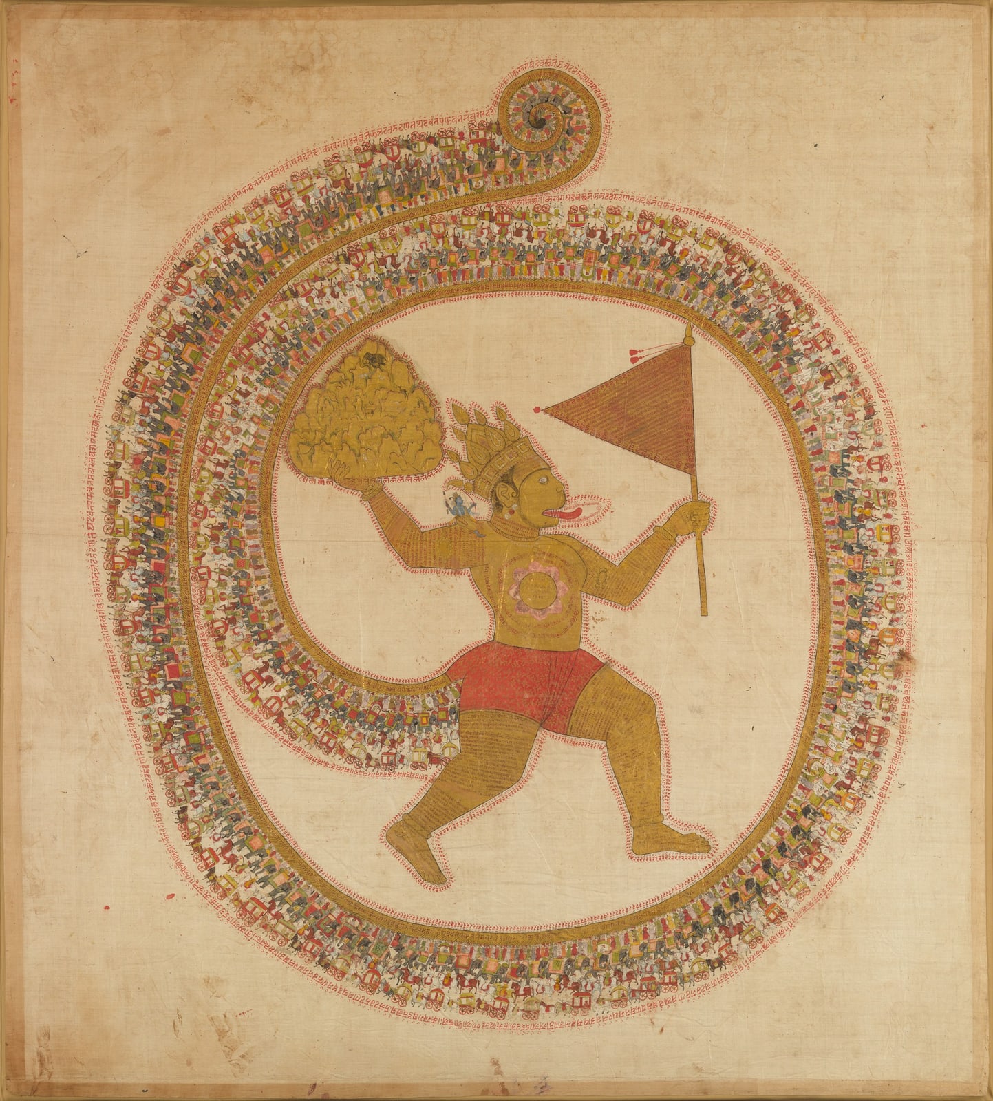 Hanuman carries a mountain of medicinal herbs, with a small figure of Rama on his shoulder and an army around his tail