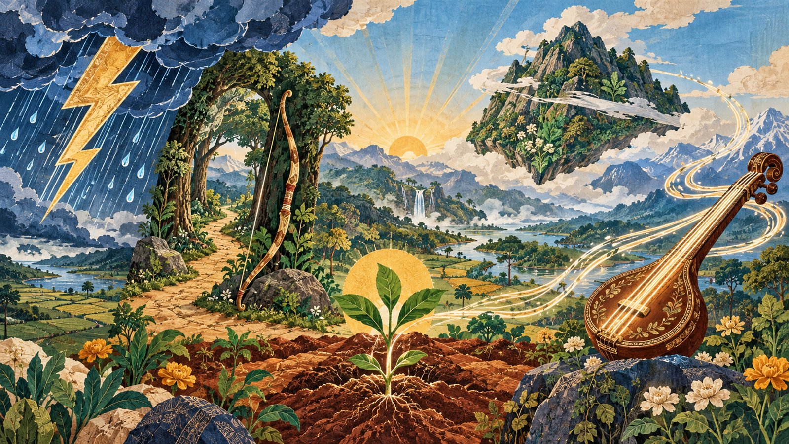 A wide symbolic tapestry with rain and a thunderbolt, a bow beside a forest road, a green furrow, a mountain in flight, and vina strings carrying points of light