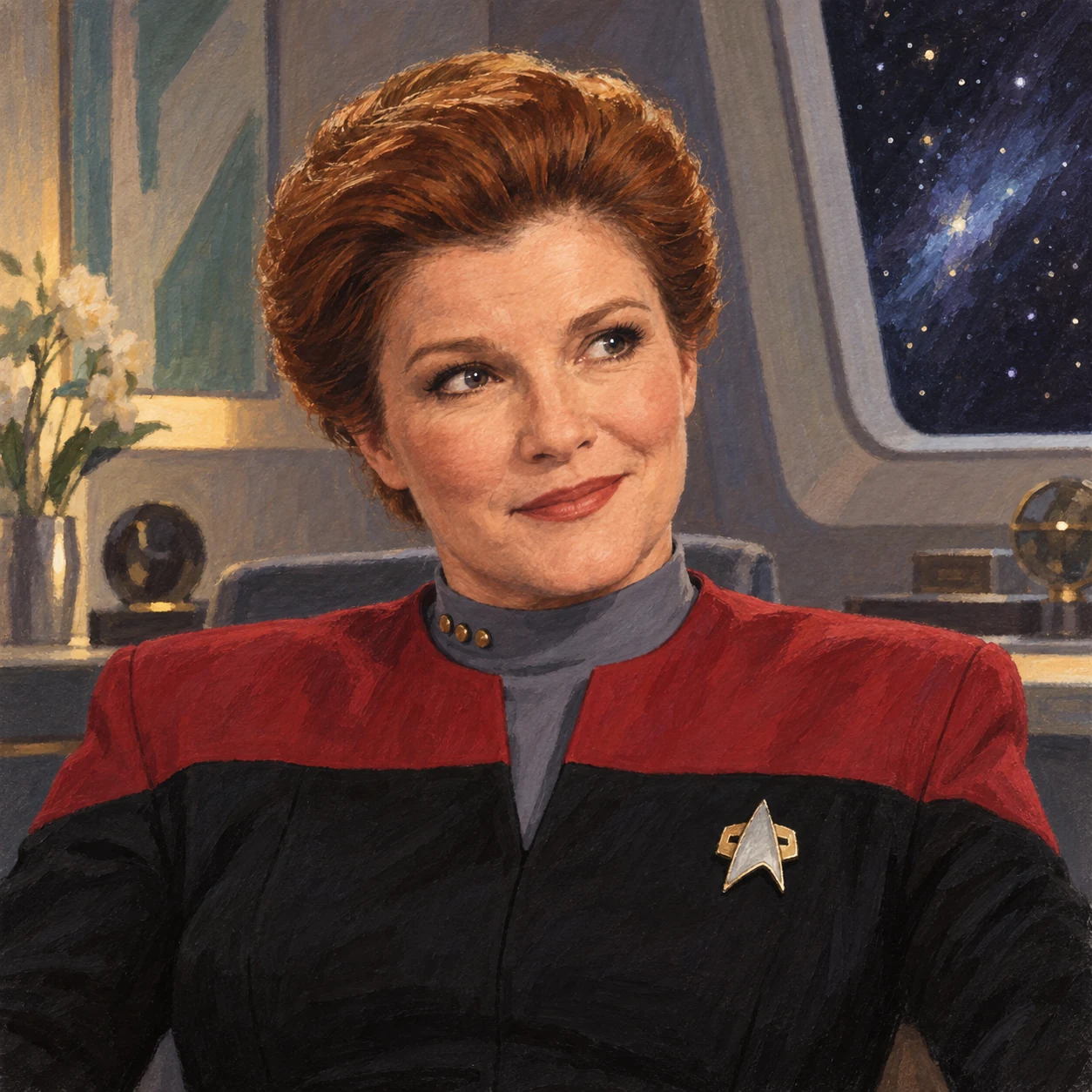 Gouache-style illustration of Kathryn Janeway with swept auburn hair, a red and black uniform and an amused smile in her ready room