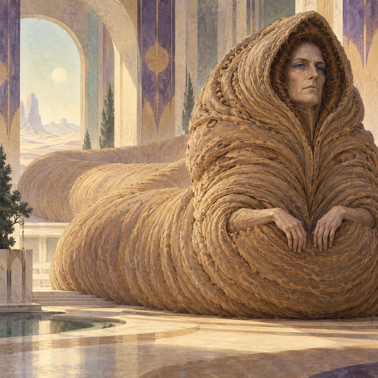 Leto II as an immense tan ribbed worm with a human face, blue eyes, and two small human-shaped arms, reclining in a quiet cream-colored palace
