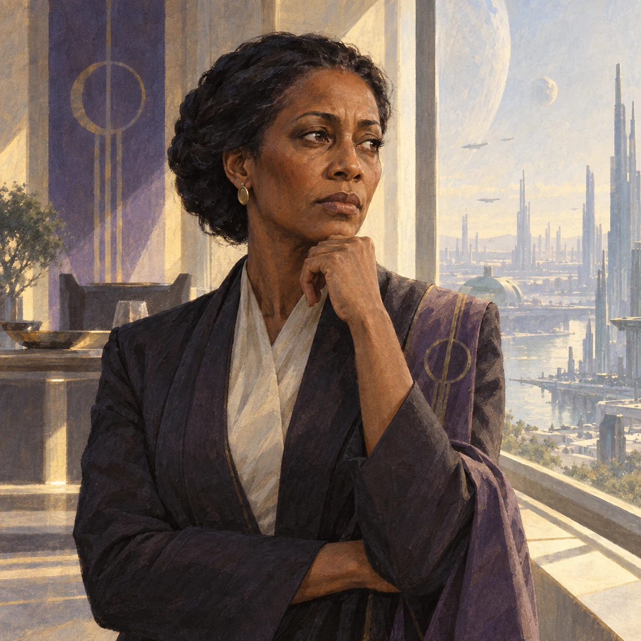 A thoughtful middle-aged Black stateswoman with dark hair pulled back and a hand beneath her chin stands beside a window overlooking a futuristic city