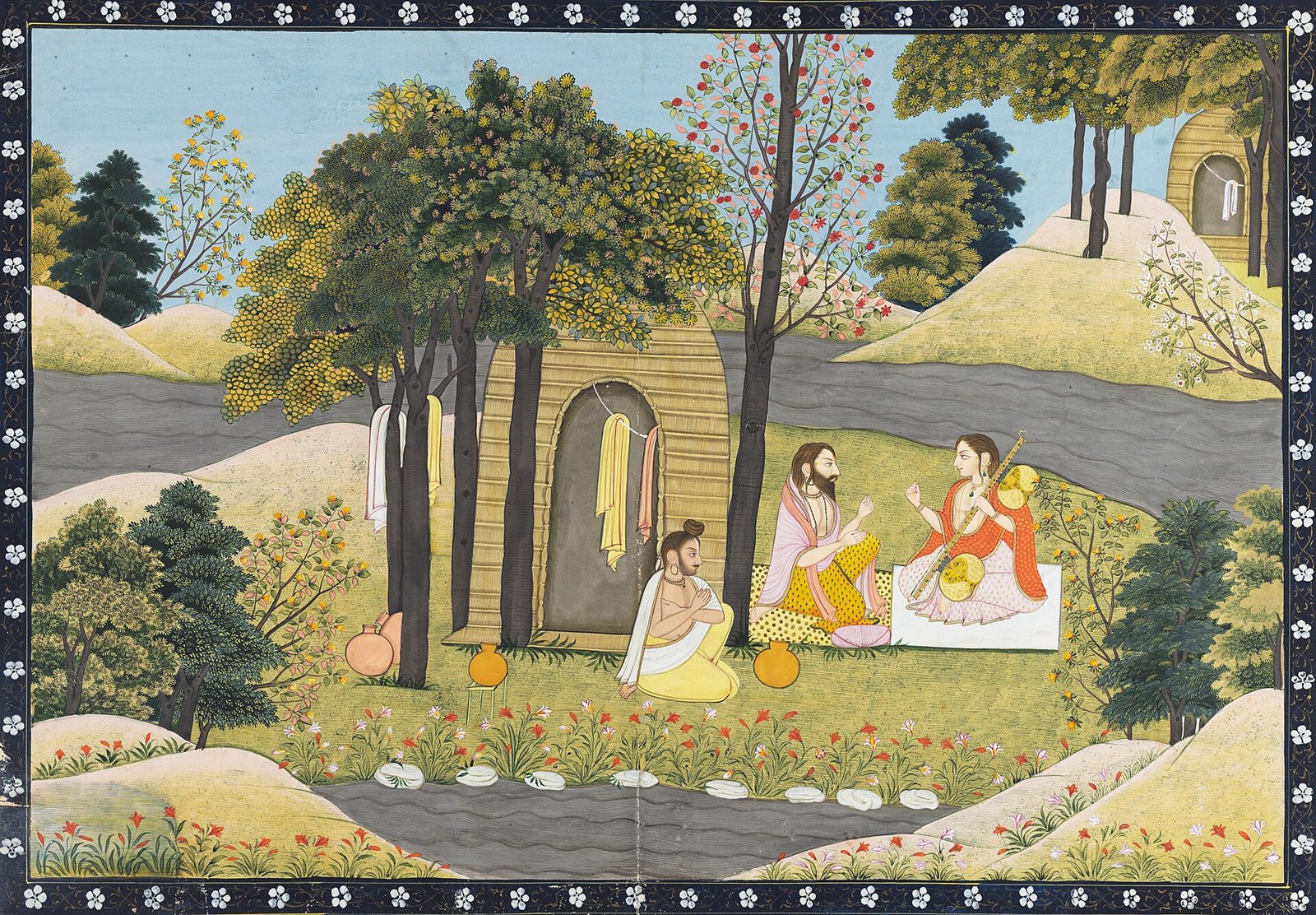 Kangra watercolor of the sage Narada visiting Valmiki at a forest hermitage to tell the story of Rama