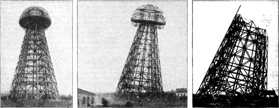 Sequence of three historical photographs showing Tesla’s Wardenclyffe tower before and during demolition