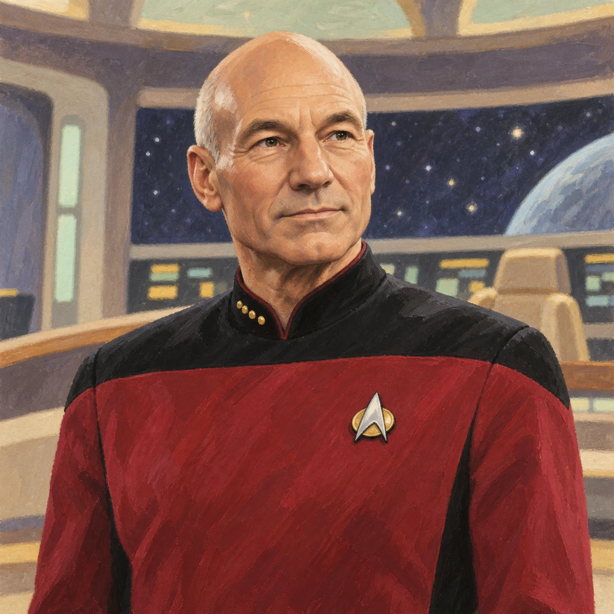 Gouache-style illustration of Jean-Luc Picard in a red and black Starfleet uniform on a starship bridge