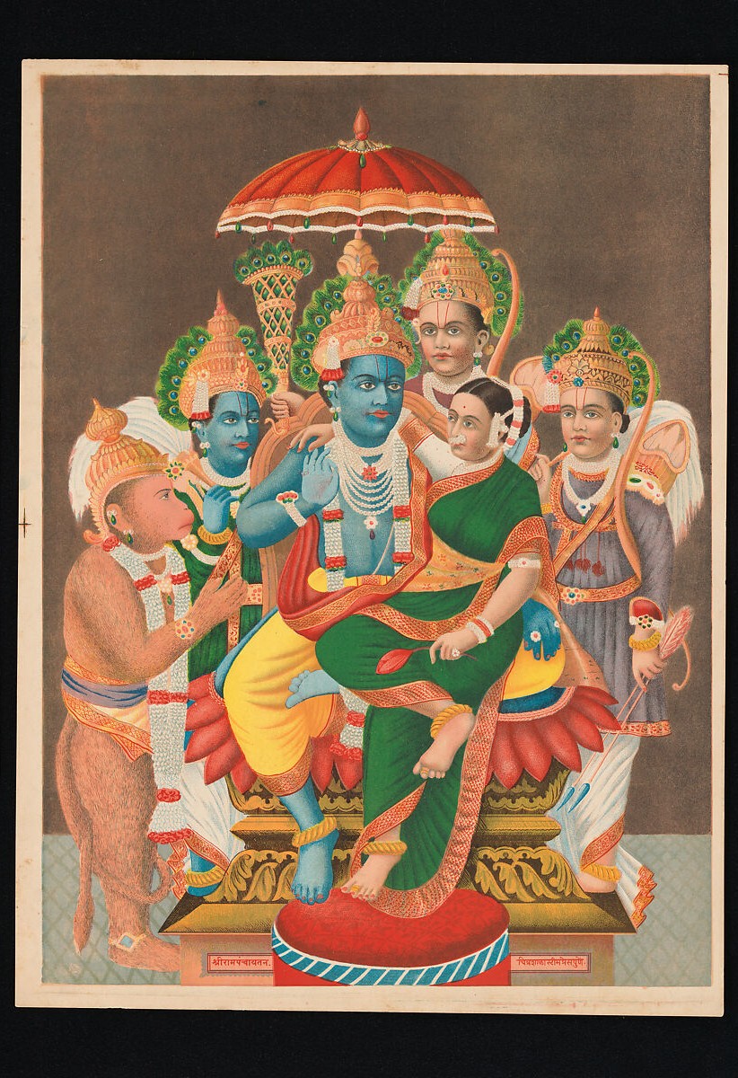 Rama and Sita enthroned at the center of a richly colored assembly with Hanuman, Lakshmana, and Rama's brothers