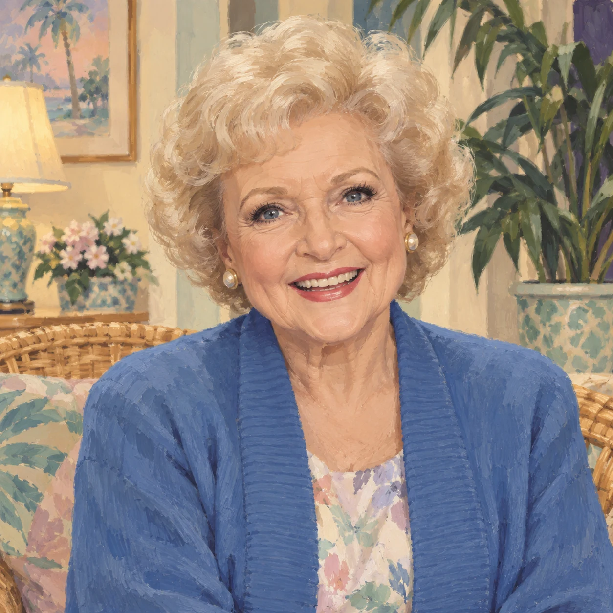 AI-generated gouache-style illustration: Rose Nylund smiling warmly in a blue cardigan, with soft blond curls and wicker furniture behind her.