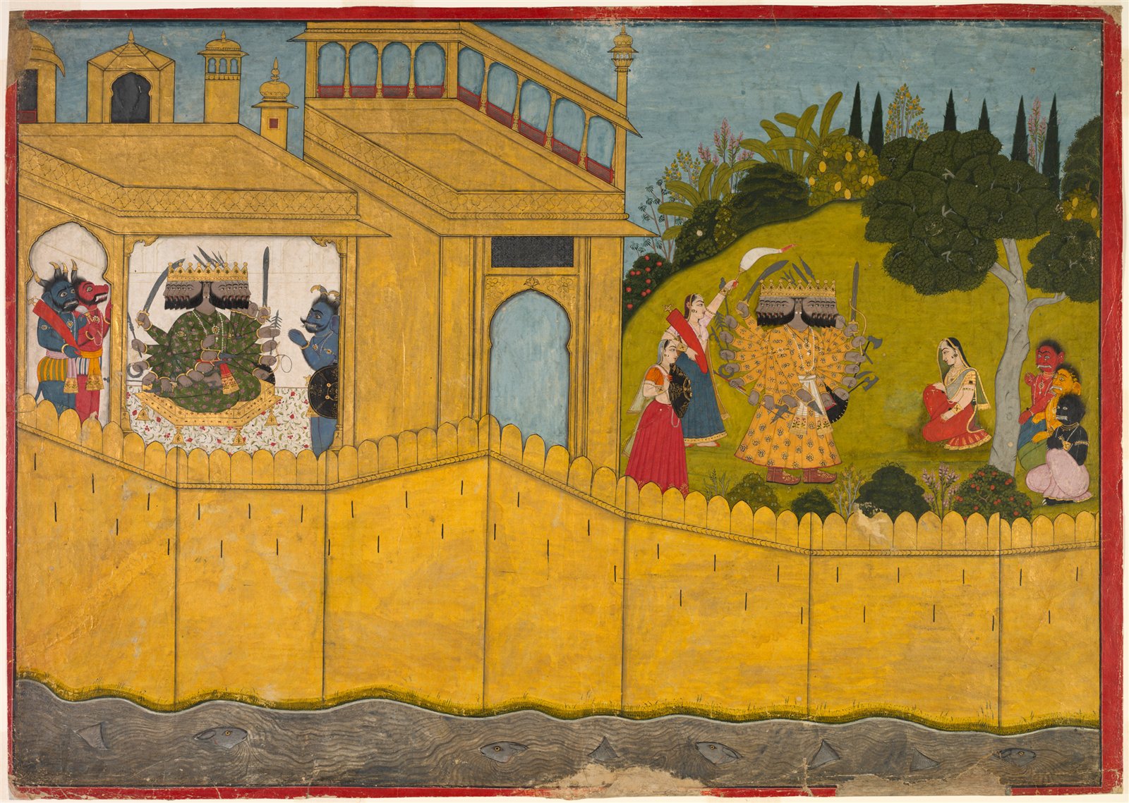 Pahari painting of golden-walled Lanka with Sita beneath an ashoka tree refusing the many-headed Ravana