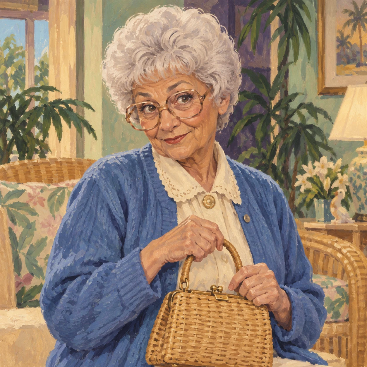 AI-generated gouache-style illustration: Sophia Petrillo with white hair, large glasses, a blue cardigan and a wicker handbag.