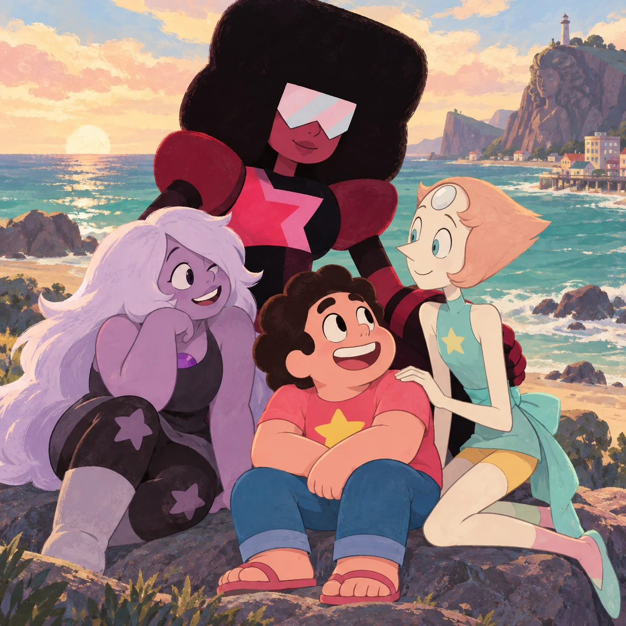 Illustration of Steven seated with Garnet, Pearl and Amethyst beside the Beach City coast