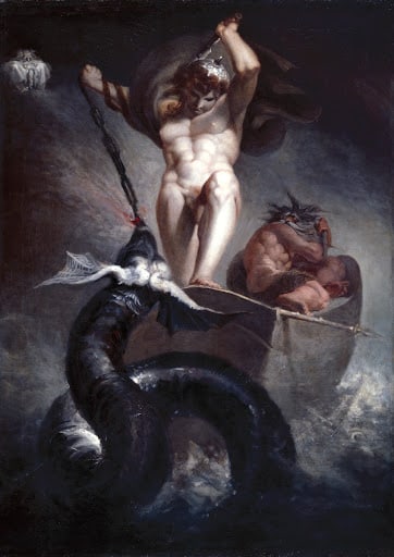 Fuseli’s painting shows Thor standing above the coils of the Midgard serpent with his hammer raised