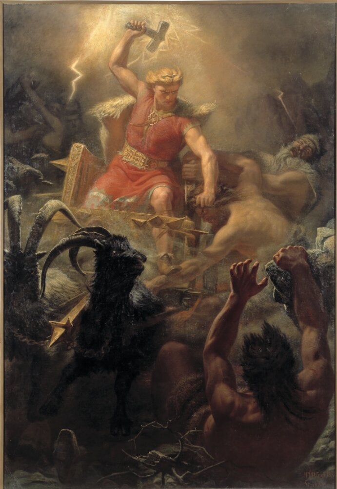 Thor raises his hammer above a goat-drawn chariot in Winge’s dramatic painting of his struggle with giants