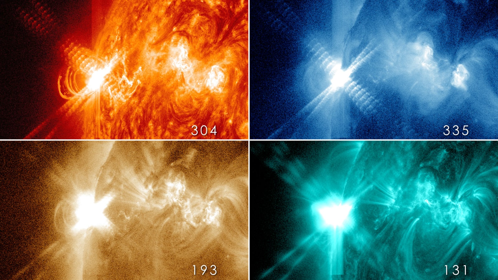 Four differently colored observations of the Sun show the same solar flare at different wavelengths